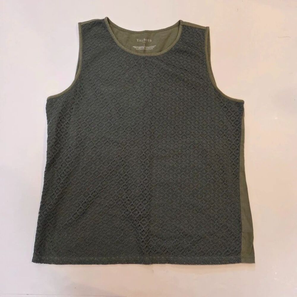 Talbots L Olive Green Crochet Lace Overlay Tank Top Boho Preppy Cottagecore